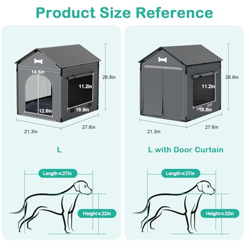 27.6" Dog House Indoor Outdoor Dog Kennel Tent Bed with Door Curtain (Grey / L with Door Curtain: 27.6"L x 21.3"W x 26.8"H)