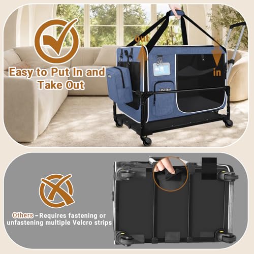 Side Expandable Extra Large Cat Carrier with Litter Box and Wheels (Blue with wheels)