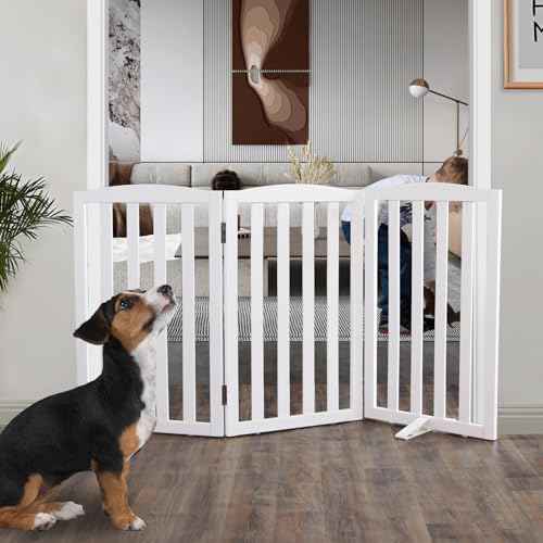 Foldable Freestanding Indoor Dog Gate for House Wood White Long Pet Gates Dog Fence for Stairs Puppy Gates for Hallways (White / 【3 Panels】60''w X 32''h)