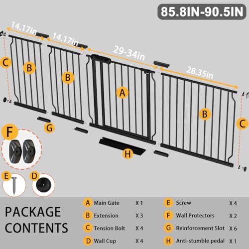 85.8 90.5 Inch Extra Wide Baby Gate No Drill Adjustable Pet Gate (Gate: 85.8-90.5 Inch)
