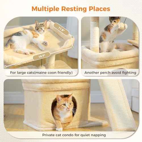 Small Cat Tree Tower for Indoor Cats with Large Perch (Beige / L Plus(19.3"L x 12.2"W))