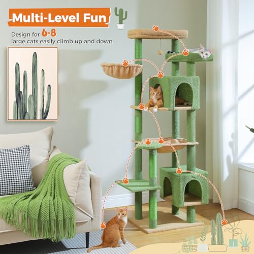 69" Cactus Cat Tower with Hammock & Scratching Posts (Green / 69 Inches)