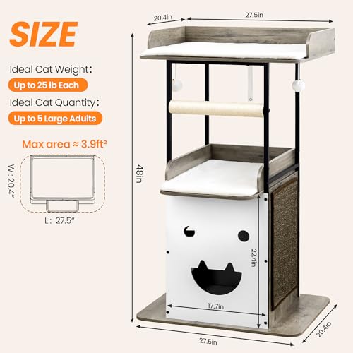 48in Wood Modern Cat Tree for Large Indoor Cats with Big Perch Bed (Greige3 / 48 Inches)