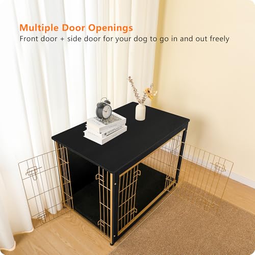 38.5" XL Dog Crate Furniture with Cushion (Black+Gold / 38.5"L x 25.6"W x 26.8"H)