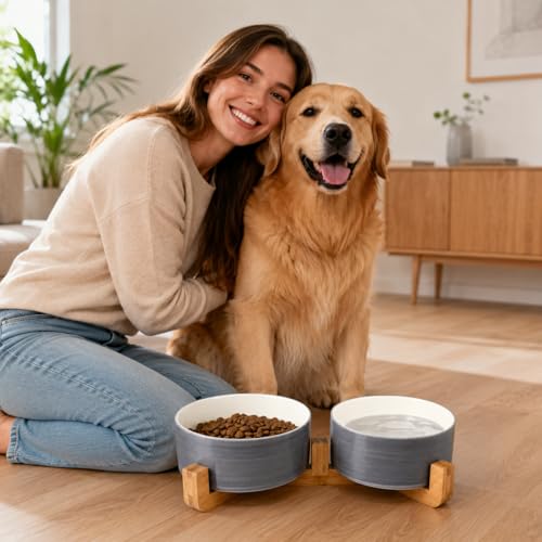 Dog Bowls Ceramic Cat Dog Bowl Set with Wood Stand for Food and Water (Grey White / 850ML*2)