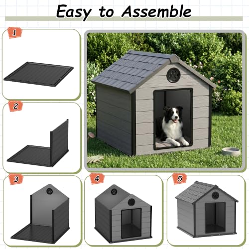 Extra Large Waterproof Plastic Dog House for Big Dogs (Black&Gray / 41.34*45.87*42.17)