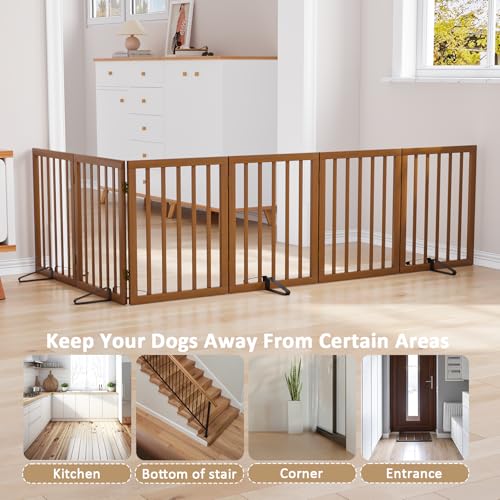 Freestanding Pet Gate Foldable Dog Gate (Walnut / 6 Panel - 110 inches Wide)