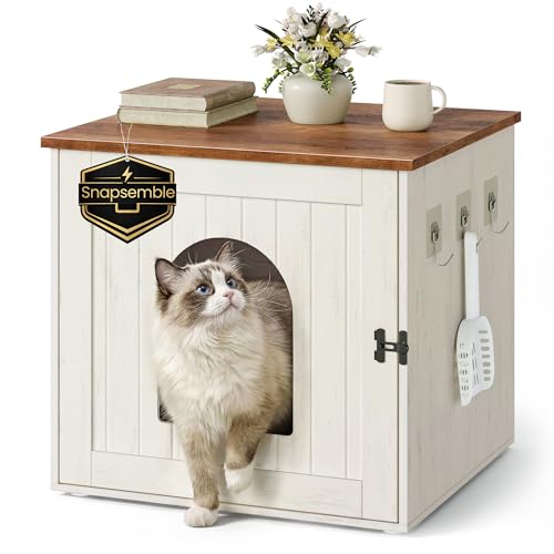 Toolless Assembly Litter Box Enclosure (Rustic White + Honey Brown / M (21.7"L x 19.7"W x 19.7"H))