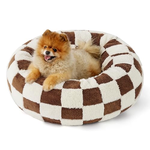 Shown on TV Jacquard Donut Cute Small Dog Beds (23.0"L x 23.0"W x 7.0"Th / Brown Checks)
