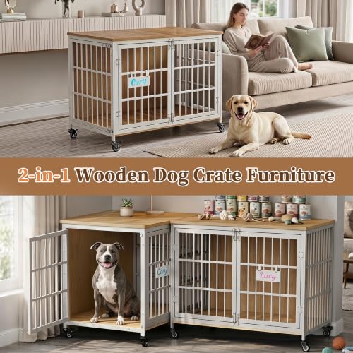 42 in Heavy Duty Dog Crate Furniture on Lockable Wheels (White & Beech / 42.1"L x 29.3"W x 31.2"H)