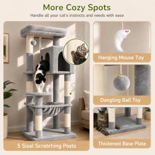 Cat Tree Tower with Scratching Post for Indoor Cats (Light Grey / L)