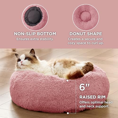 Calming Cat Beds Donut Round Washable Kitten Bed (20"L x 20"W x 6"Th / Mauve Blush)