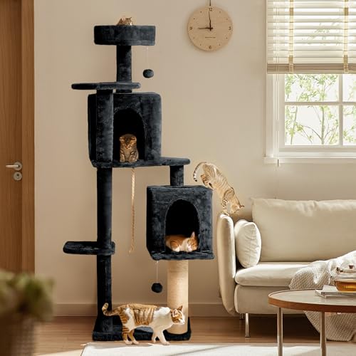 59in Large Cat Tree Tower for Indoor Cats with Soft Plush Hang Ball (59in Dark Grey)