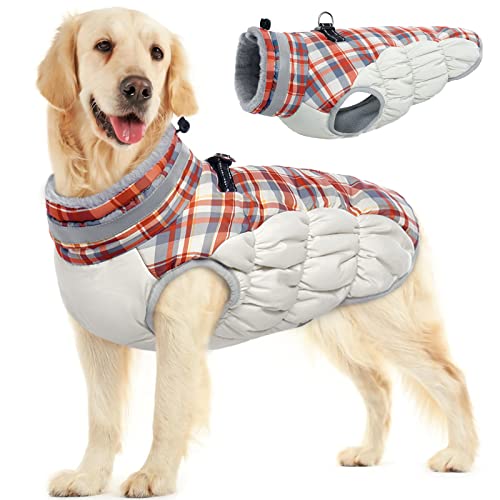 Dog Jacket for Large Dogs Warm Dog Jackets with Harness Built in (Red Plaid / L(chest:24in))
