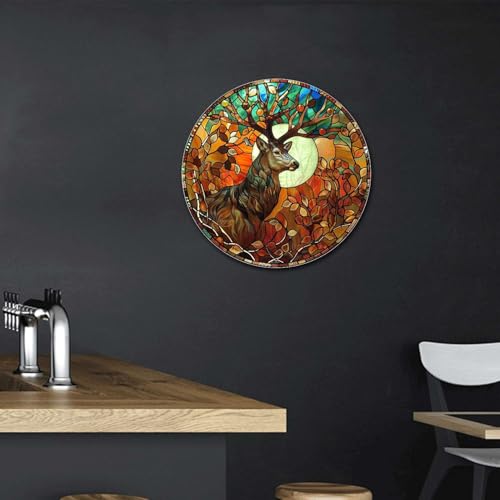Metal Sign Tin Sign Circular Stained Glass Deer Gift For Gift 12×12 Inches (12×12 Inches / Deer-2)
