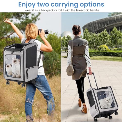 Extra Large Cat Backpack Carrier with Wheels for Cats Under 30 Lbs (15.7"L x 13.7"W x 21.7"H)