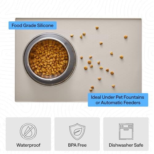 Dog Food Mat 100% Waterproof Silicone (Beige / 16"l X 10"w)