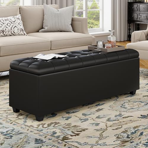 Black 38" Faux Leather Storage Ottoman Bench with Hinged Lid and Footrest (Black)