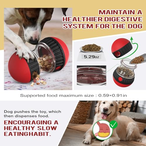 Dog Food Puzzle Toy Adjustable Treat Dispensing Food Dispenser Slow Feeder Bowls Puppy Enrichment Toy Ball Dog Interactive Chase Training Toys for Small Medium Large Dogs (Red - Single - Standard)