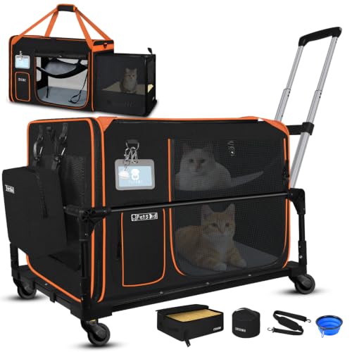 Side Expandable Extra Large Cat Carrier with Litter Box and Wheels (Black with Wheels)