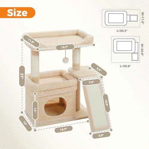 Small Cat Tree Tower for Indoor Cats with Large Perch (Beige / L Plus(19.3"L x 12.2"W))