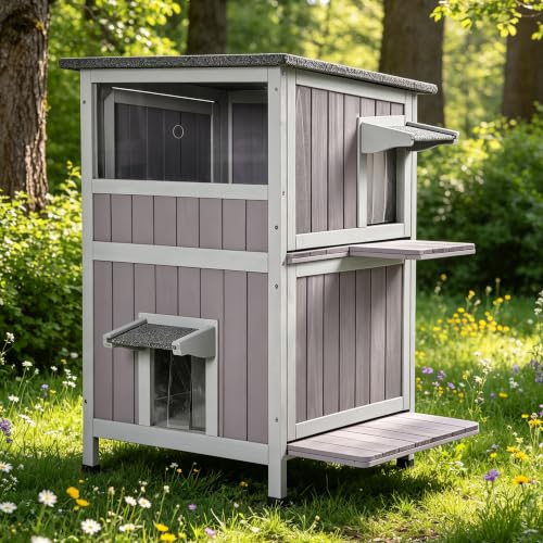 Upgraded Larger Size Outdoor Cat House (Grey / Flat Roof - 24.3"W)