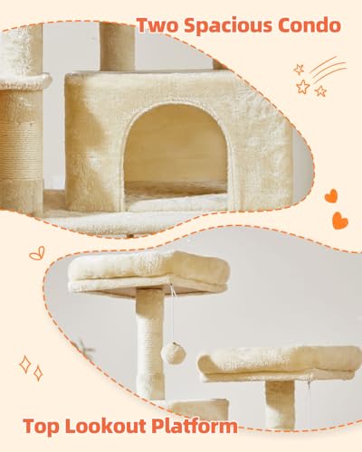 Cat Tree 67 in Tall Cat Tower with 2 Plush Cat Condos (67 inches / Beige)
