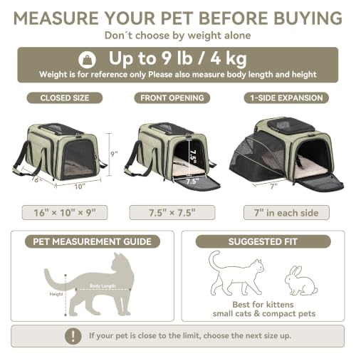 Small Expandable Cat Carrier for Air Travel (16.0"L x 10.0"W x 9.0"H / Green)