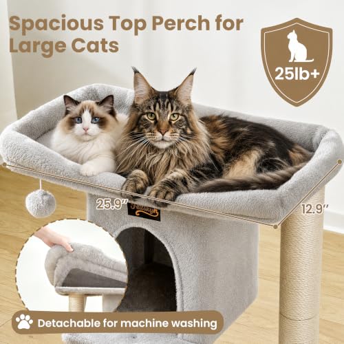 Cat Tree Tower Scratching Post for Indoor Large Adult Cats with Perch Bed (Light Grey / 28 Inches)