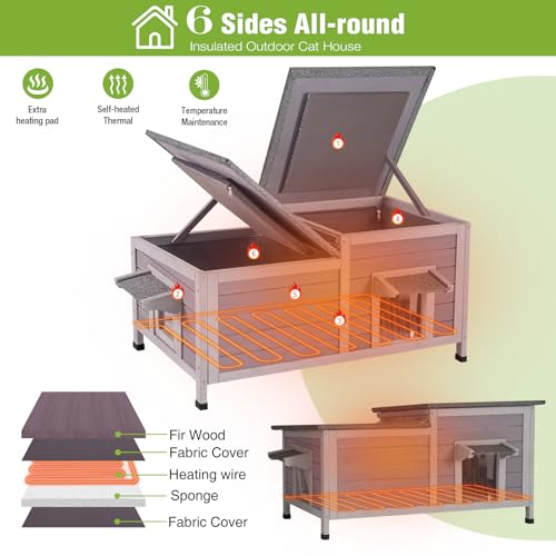 Large Heated Cat House Outdoor Insulated Cat House Weatherproof Feral Cat Shelter with Thermostat
