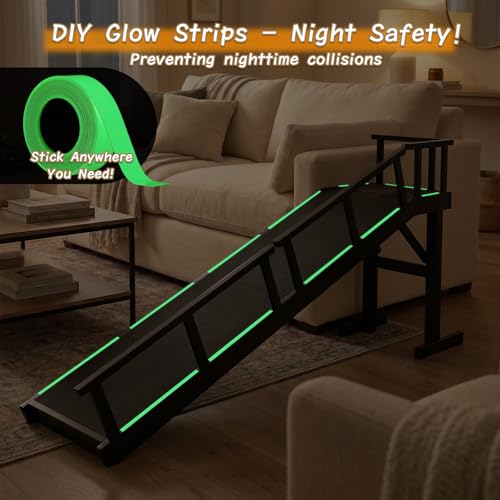 73" Dog Ramp for Bed with Rest Platform & Glow Strips (Black / 73.2"L x 25"H x 15.7"W)