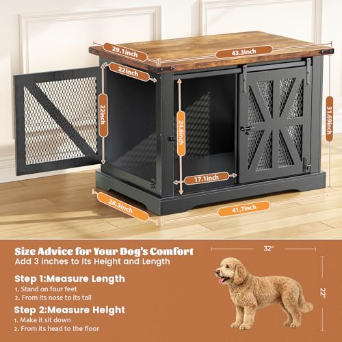 43.3" Dog Crate Furniture with Sliding Doors for Large Dogs Up to 55 lbs (Black / 43.3"L x 31.5"W x 37.2"H)