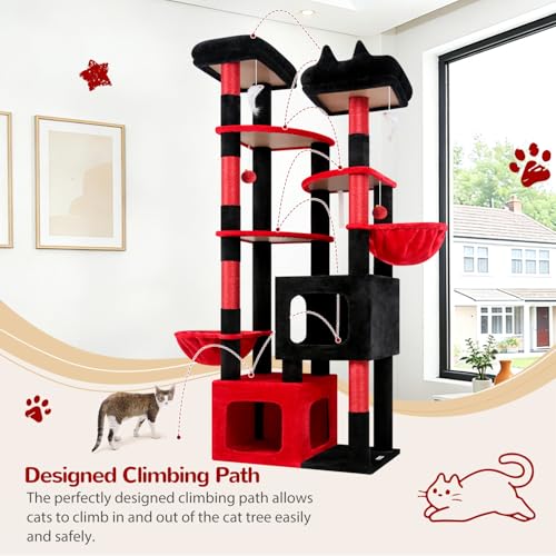 S74E Pro Gothic Heavy Duty Maine Coon Cat Tree for Large Cats (Black Red / 74 inch)