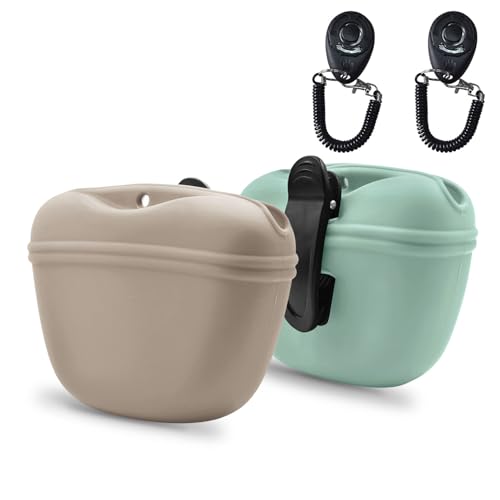 Silicone Dog Treat Pouch with Clicker Magnetic Closure Secure Clip (2 Pack / Taupe+Duck egg green)