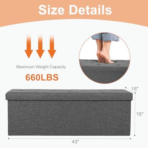43 Inch Folding Storage Ottoman Bench (Linen Grey / 15"D x 43"W x 15"H)