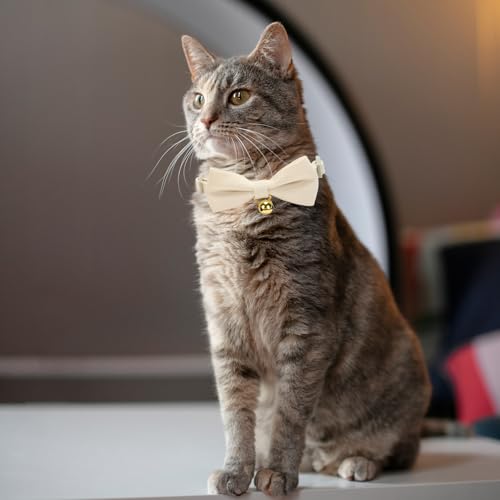 2 Pack Soft Corduroy Cat Collars with Bow Tie & Bell Adjustable Breakaway Kitten Bowtie Collar for Female Male Cats (S:Neck 7.0" - 11.0" / Corduroy-White Blue)