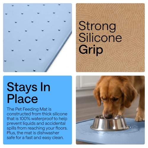 Dog Food Mat 100% Waterproof Silicone (Light Blue / 16"l X 10"w)