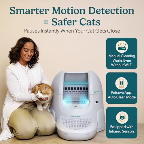 PurrTek Max Self Cleaning Litter Box for Multiple Cats Automatic Cat Litter Box XL 65L 5 Safety Sensors Ultra Quiet 30