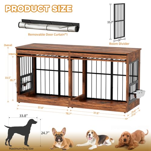 78" Double Dog Crate Furniture with Divider (Vintage Brown / 78.7"L x 27.6"W x 33.5"H)