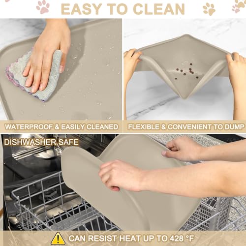 Waterproof Silicone Pet Food Mat with Raised Edge for Dog & Cat (Beige / 24"L x 16"W)