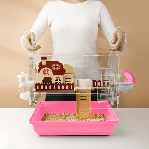 8 in 1 Clear Acrylic Hamster Cage with All Accessories (13.4"L x 10.2"W x 12.6"H / Pink)
