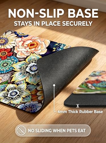 Dog Food Mat 12" x 19" Flower Absorbent Dog Cat Bowl Mat for Food and Water (Colorful Mandala / 12"L x 19"W)