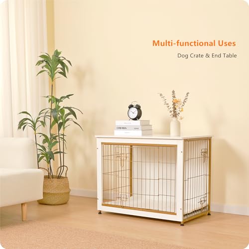 32.5" Dog Crate Furniture with Cushion (White+Gold / 32.5"L x 21.9"W x 25.6"H)