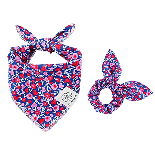 Pink Floral Dog Bandanas Girl Matching Scrunchie Medium Large (heart-pink navy / Large-set of 1)