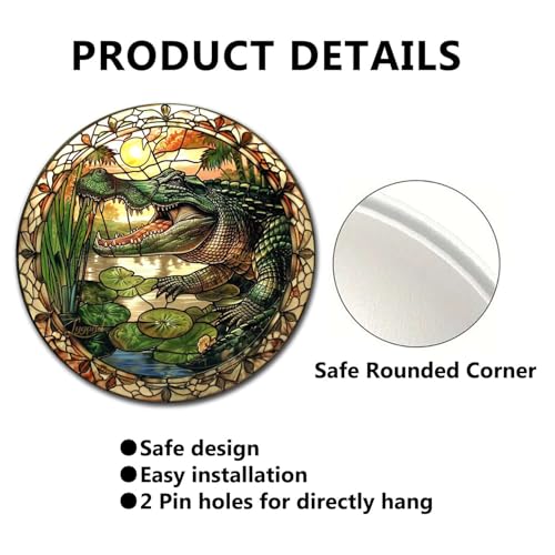 Metal Sign Tin Sign Circular Stained Glass Alligator Minimalist Wall Art for Home Decor 12×12 Inches (12×12 Inches / Alligator)