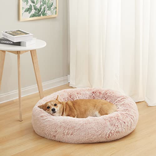 Calming Fluffy Donut Dog Bed for Medium Dogs (30.0"L x 30.0"W x 8.0"Th / Pink)