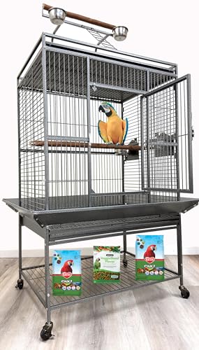 Extra Large Elegant and Durable Wrought Iron Climbing Ladder Perch Stand Play Top Ground Bird Parrot Metal Cage Around Seed Guard Storage Shelf with Heavy Duty Lockable Rolling Wheels (32" x 23" x 69"H / Black Vein)