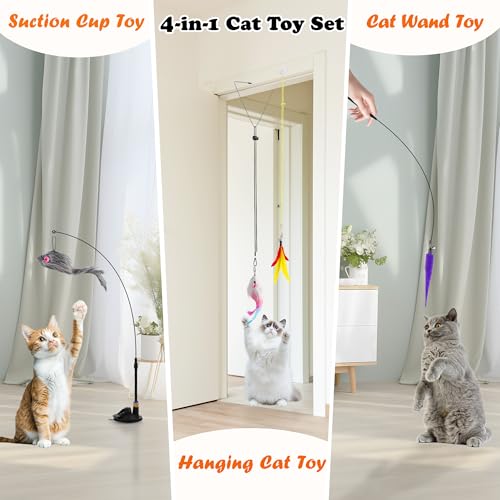 4in1 Interactive Cat Wand Toys with Suction Cup for Indoor Cat (12pcs Cat Toy Set)