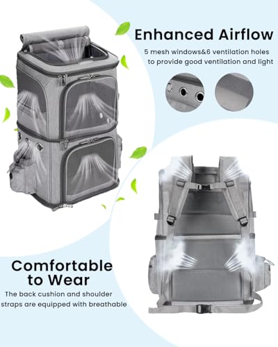 Double Compartment Cat Backpack Carrier for 2 Pets up to 18 lbs (14.6"L x 11.2"W x 21.6"H / Grey)