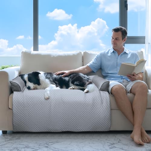 Cooling Dog Bed Mat with Bolster Pillow Washable Dog Couch Cover Breathable Summer Pet Couch Bed Protector Indoor (Cooling Grey / 45.0"L x 37.0"W x 6.0"Th)